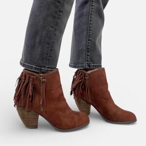 Burgundy Western Faux Suede Fringe Boho Festival Ankle Boots Heels Sz 8.5